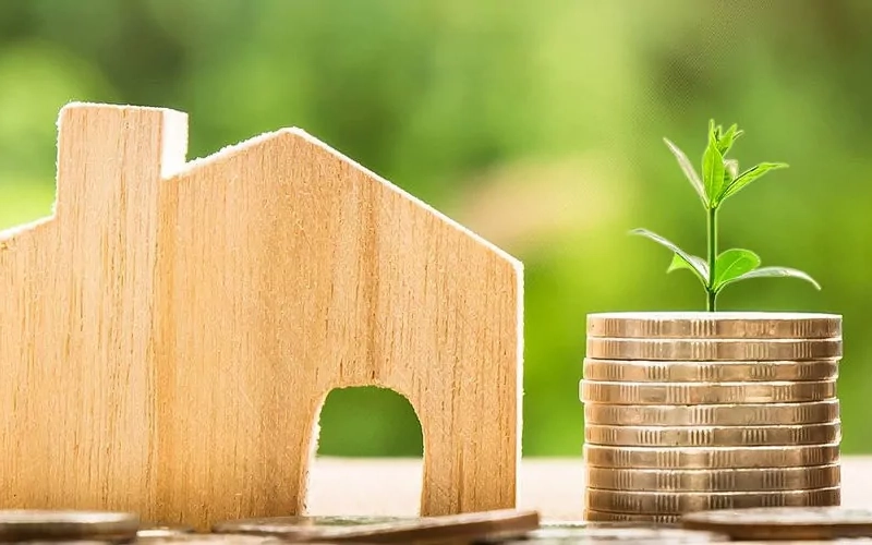 Aus Holz ausgeschnittene Form eines Hauses mit niedrigem Stapel Geldmünzen und Pflänzchen