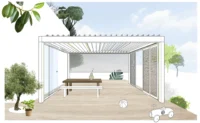 Illustration eines modernen Garten-Pavillons mit Tisch und Pflanzen